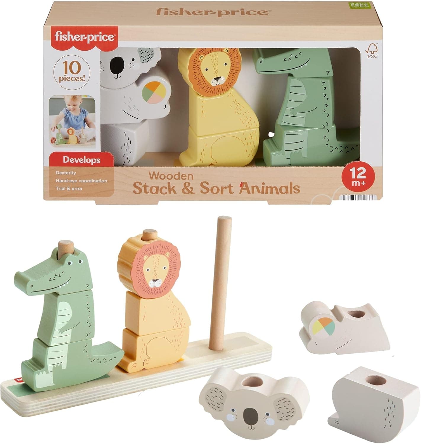 Fisher-Price HXV04 - Set di 10 giocattoli in legno per bambini e bambini dai 1 anni in su, 10 pezzi in legno