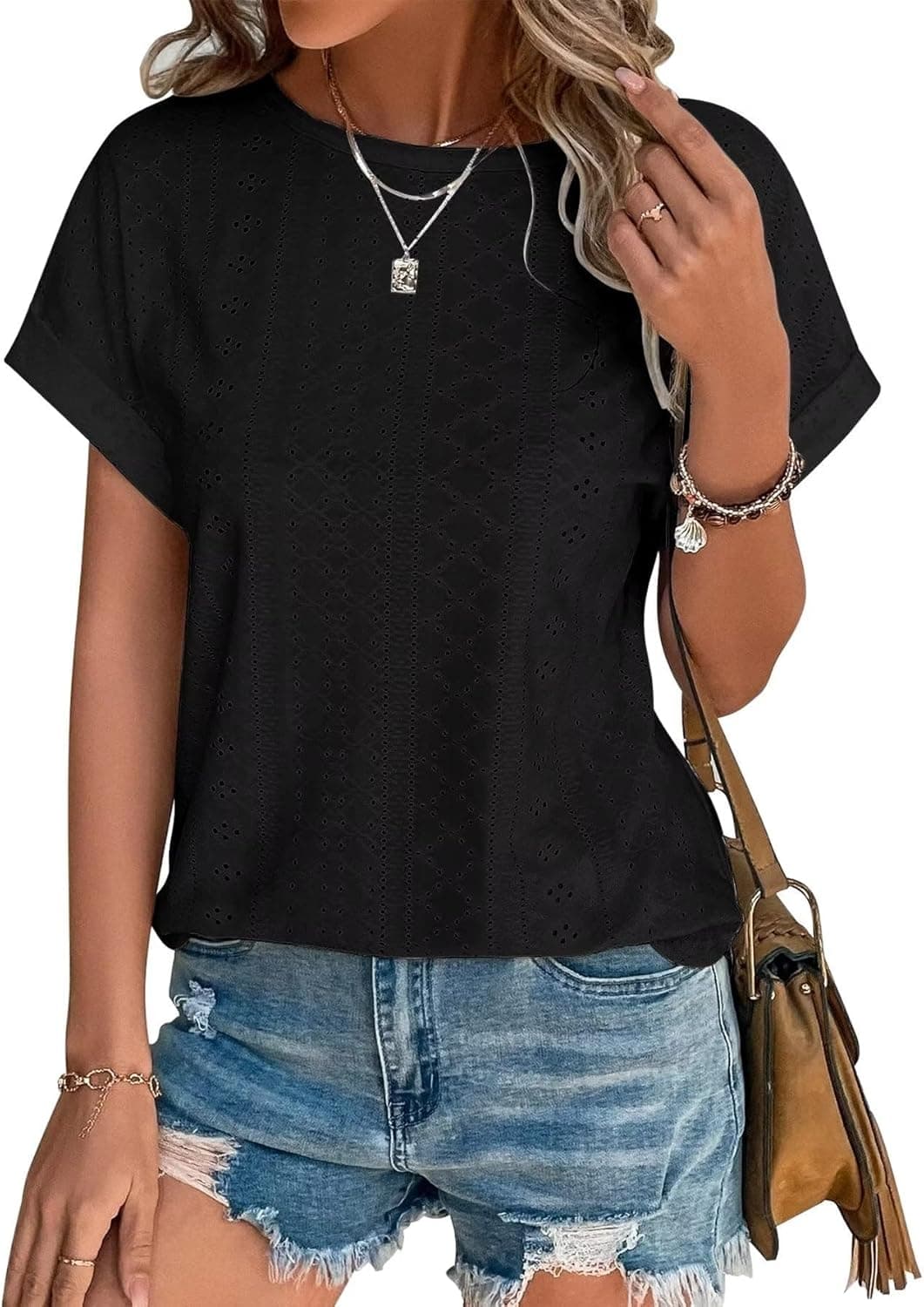 Cuptacc Tshirt Damen Bluse Damen Sommer Lochstickerei Top Kurzarm Oberteil Lässige Tunika Casual
