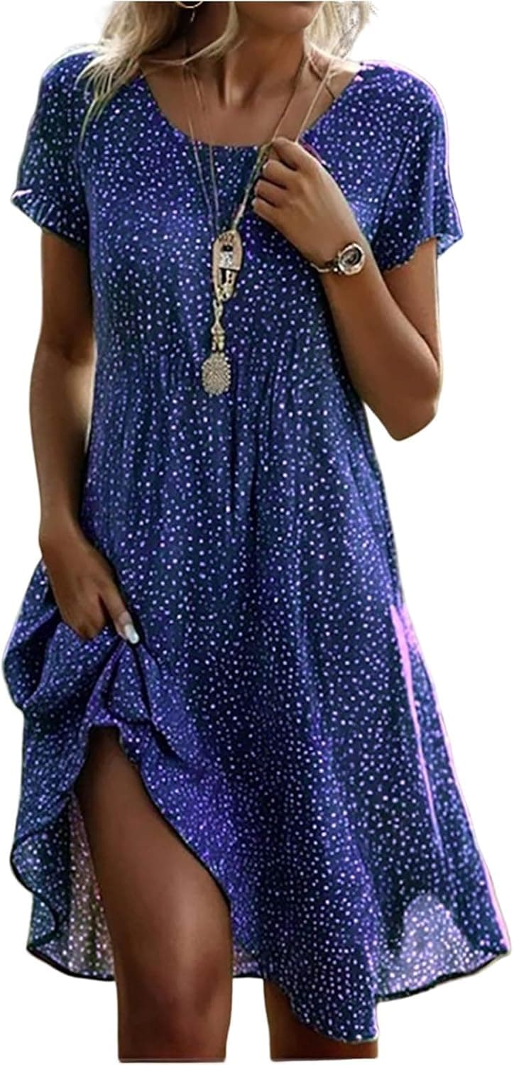 Générique Robe Femme Col Rond Manche Courte Pois Imprimé Mode Femme Ete Robes Baggy Classique Basique Dresses Casual Respirante Dress Décontractée Voyage
