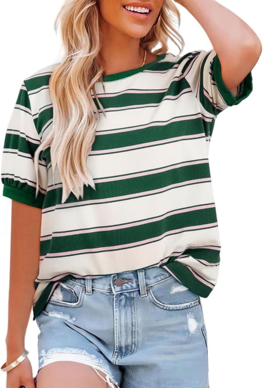 Cuptacc Tshirt Damen Rundhals Locker Oberteile Bunt Gestreiftes Tunika Damen Sommer Casual Baumwolle T Shirt Kontrast Kurzarm Oberteile