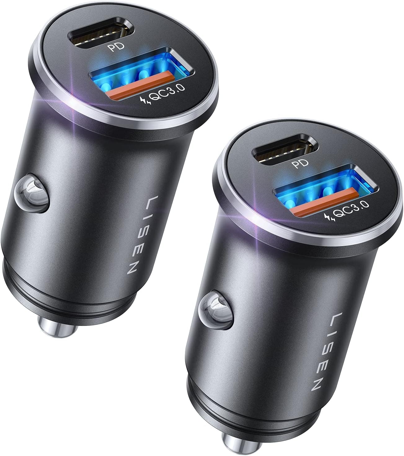 LISEN 2-Pack Zigarettenanzünder USB C Auto Ladegerät - 54W Metall PD&QC3.0 KFZ Ladegerat 12V USB Adapter Auto Schnelle Steckdose Auto Gadgets Accessories für iPhone 17 Pro Max Air 16 15, Smartphone