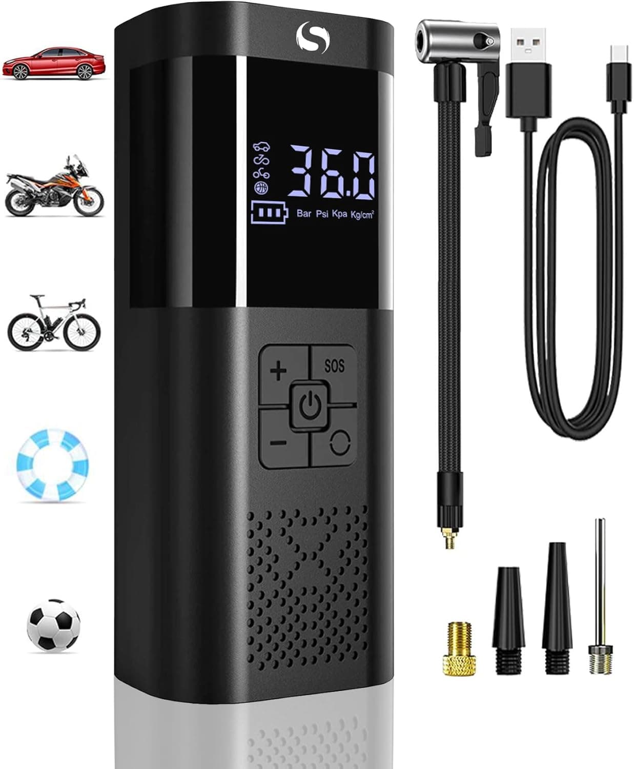 Compresseur à Air Portatif, Gonfleur Pneus Voiture sans Fil avec Jauge, Mini Compresseur 150PSI, Accessoire Voiture pour Hommes, avec Lumière LED pour Voiture Moto Bicyclette Boule