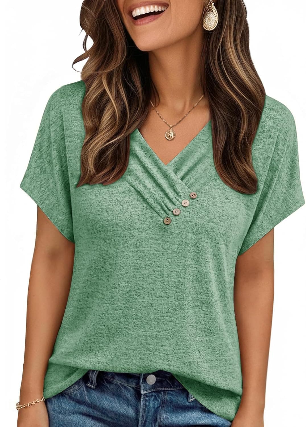 Cuptacc Tshirt Damen V Ausschnitt Sommer Elegant T-Shirt Basic Mit Knöpfen Locker Casual Einfarbig Kurzarm Oberteil
