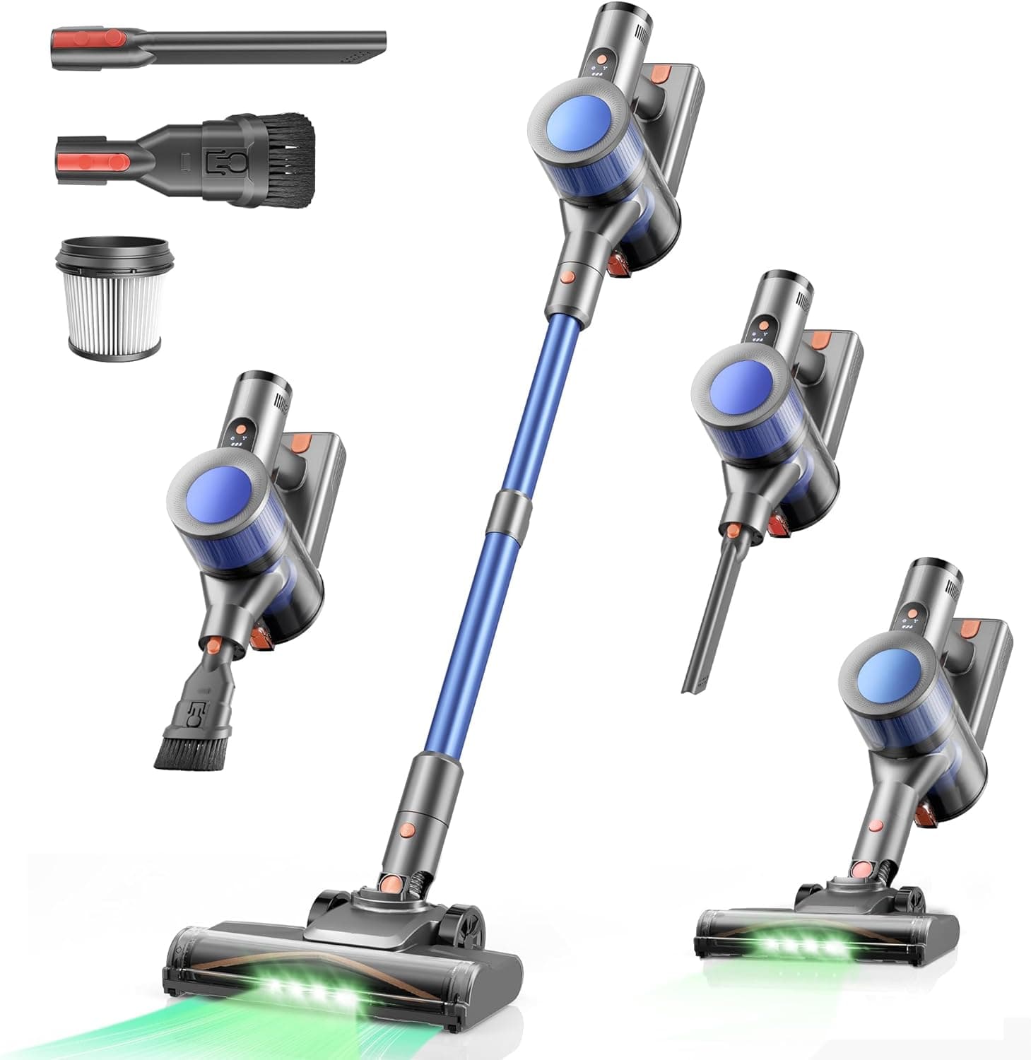 Dzaki Aspirapolvere Senza Fili 50KPa/55Min, Scopa Elettrica con Luce LED Verde, Spazzola Antigroviglio, Display LED, Autoportante, HEPA 5 Stadi, 2,7kg per Pavimenti/Tappeti/Peli Animali (Blu)