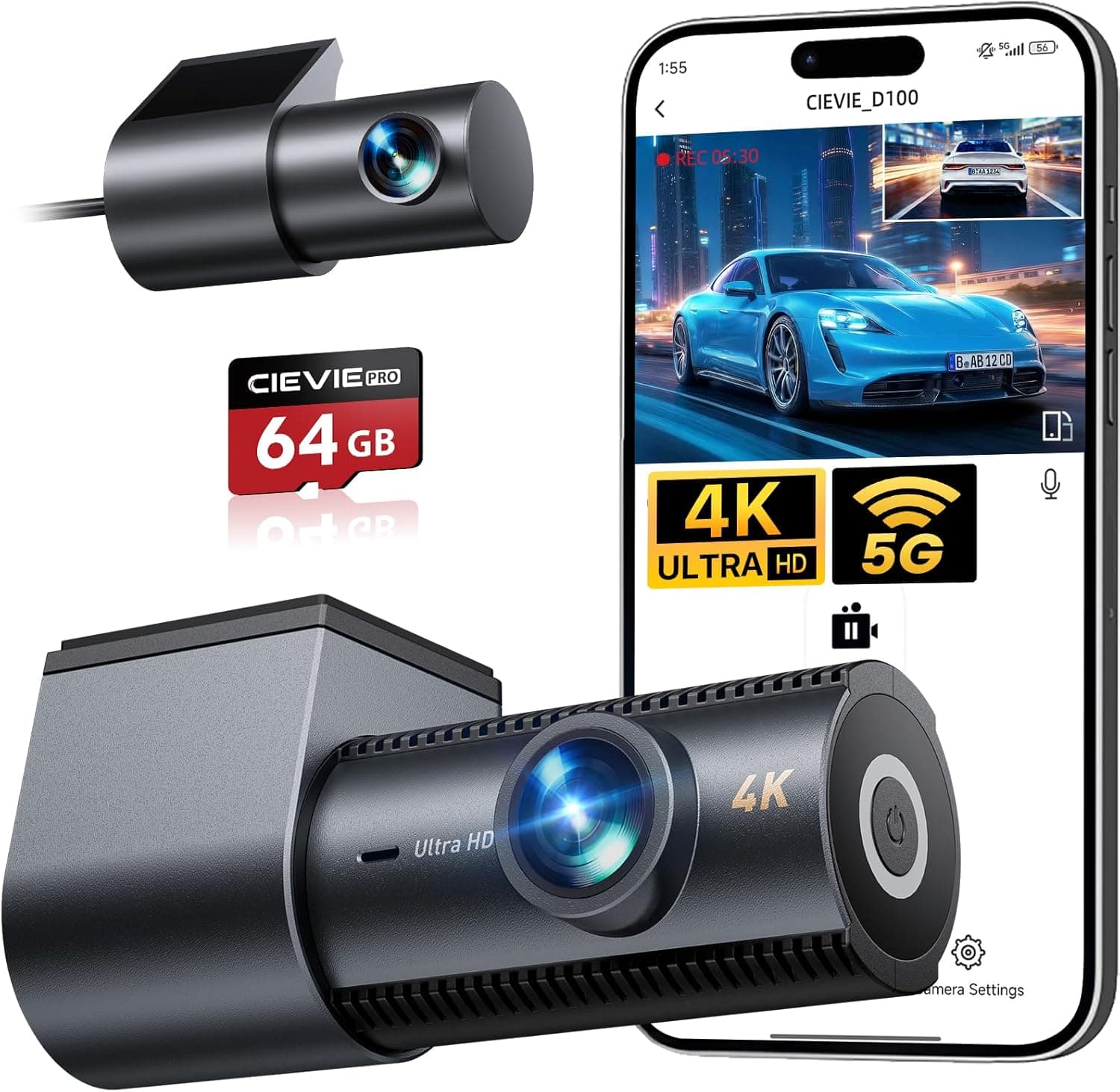 Dashcam Auto Vorne Hinten 4K+1080P, 5.8GHz WLAN Dashcam mit 170° Weitwinkel, Dashcam mit 64GB SD Karte, G-Sensor & 24h Parküberwachung, Mini Dashcam Auto mit Nachtsicht und 1,5″ Display