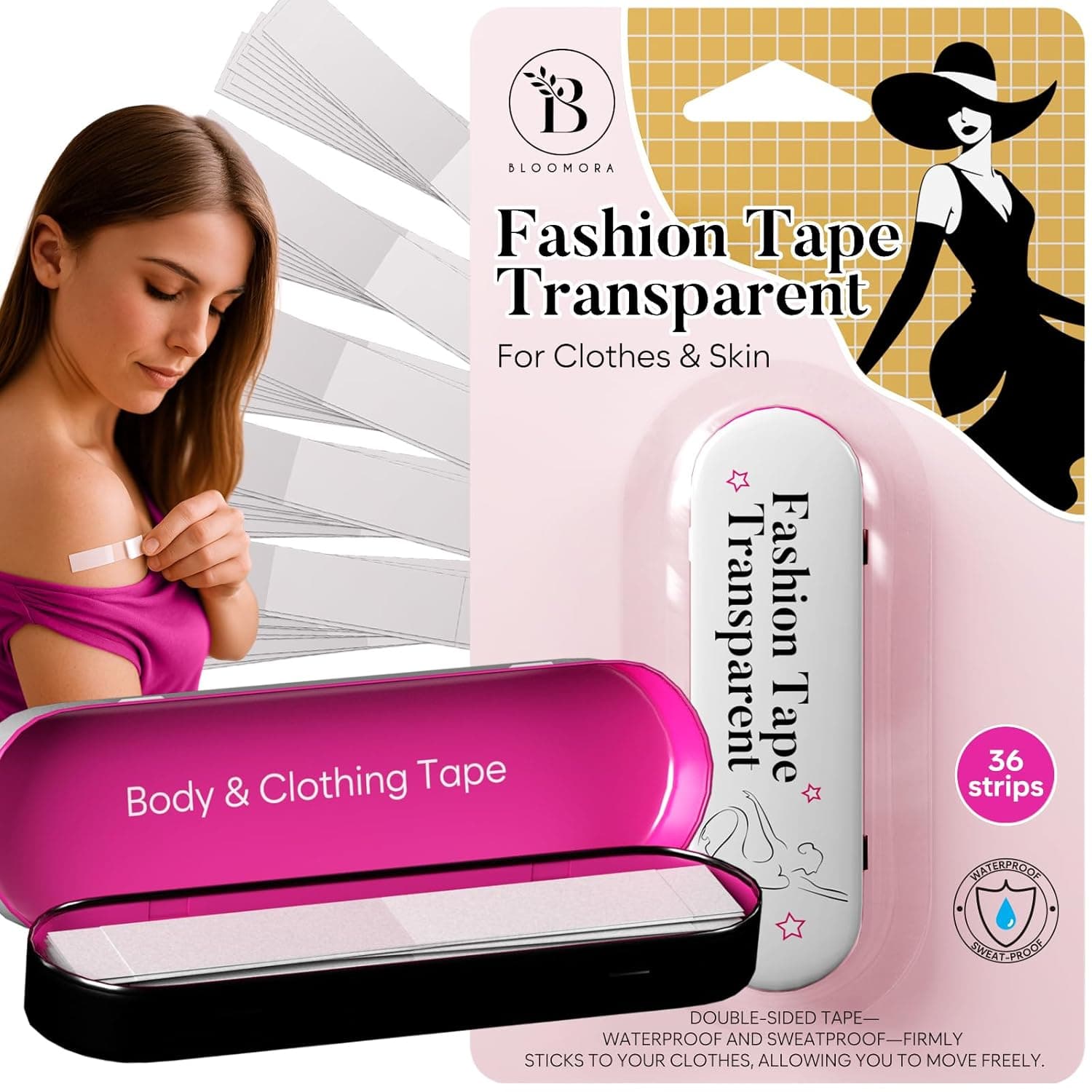 BLOOMORA Fashion Tape – Nastro Biadesivo per Tessuti e Corpo – 36 Strisce Trasparenti (7,6 x 1,3 cm) – Body Tape Impermeabile per Vestiti Scollati, Abiti, Spalline e Orli - Scatola di Metallo