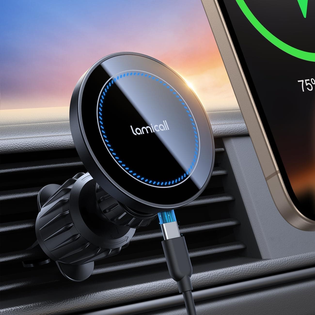 Lamicall 15W Cargador Inalámbrico Coche para MagSafe - [Súper Carga Rápida] Fuerte Imán, Cargador Soporte Movil Magnético Coche con Gancho de Metal, Manos Libres, para iPhone Series 17 16 15 14 13 12