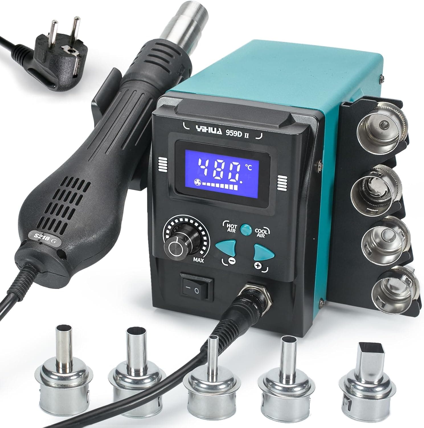 YIHUA 959D-II station de soudage à air chaud pour soudure et dessoudage SMD avec écran LCD, embouts à changement rapide, auto start/stop, température et volume d'air réglable (EU plug)
