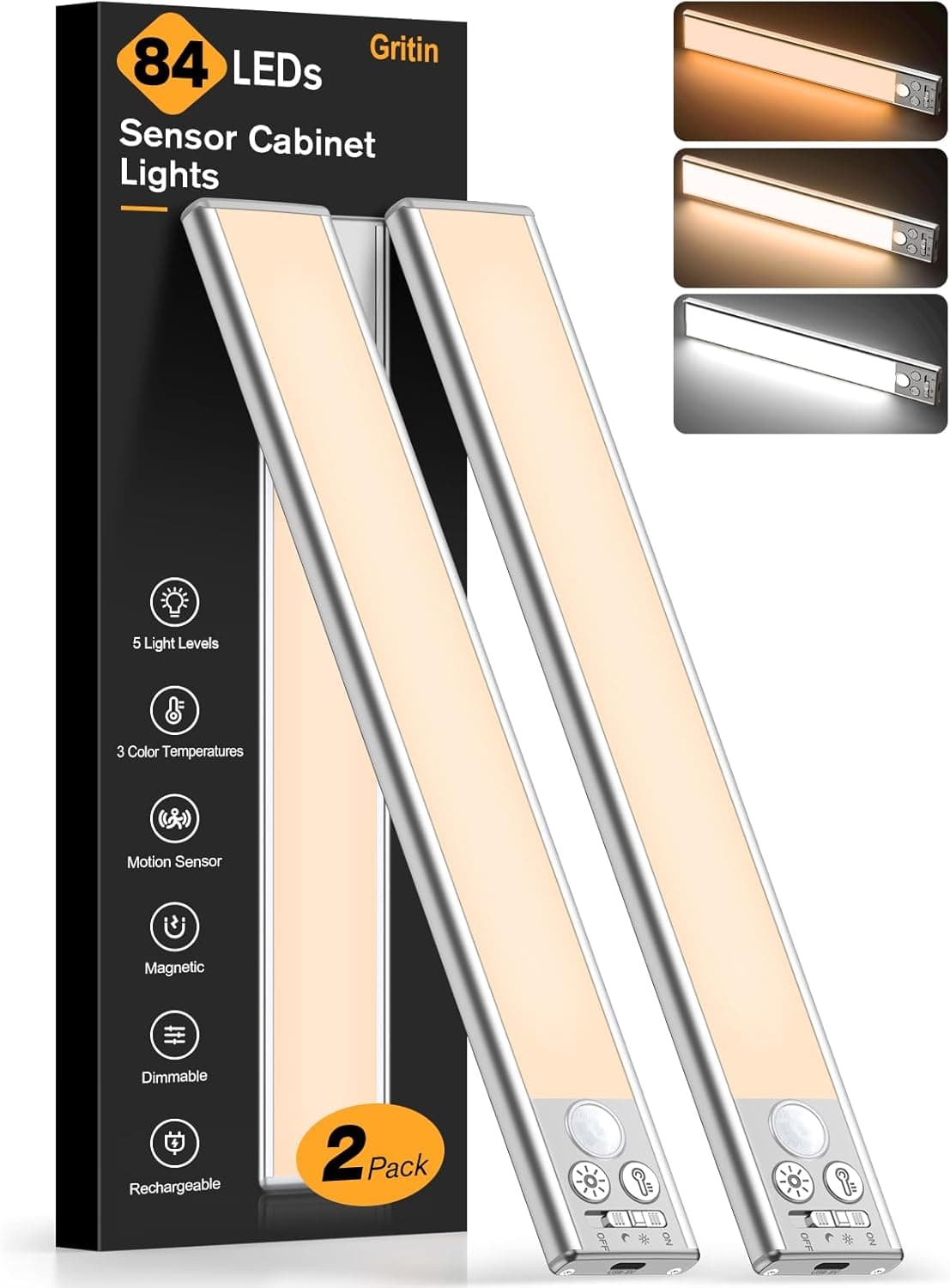 Gritin 26cm Schrankbeleuchtung Unterbauleuchte Küche LED Bewegungsmelder - Superhell Küche Licht 1800mAh Aufladbar,3 Farbe&5 Helligkeit,4 Modi,Einfach Montage Stark Magnet Schranklicht, 2 Stück