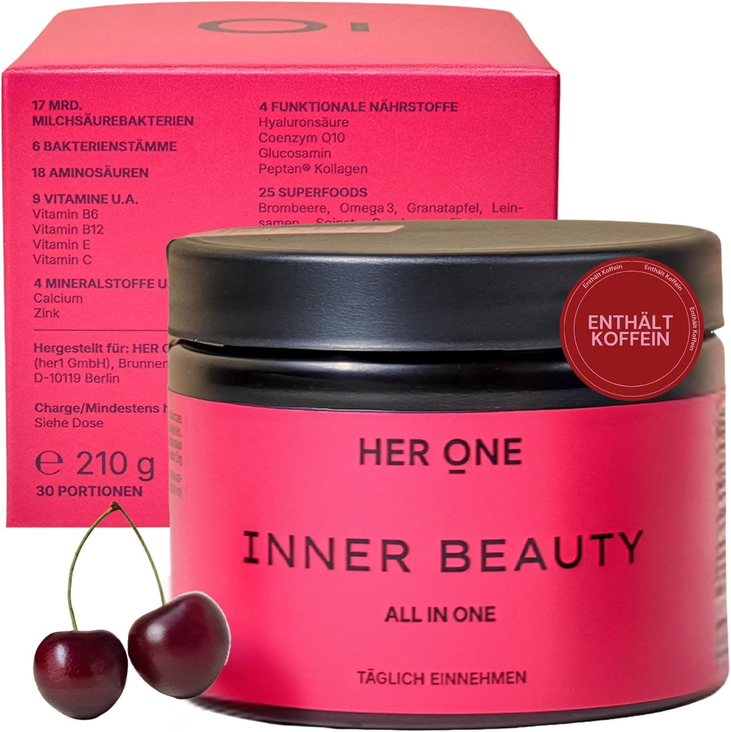 HER ONE INNER BEAUTY Nährstoffkomplex-Drink | Multivitamin Pulver & Darmbakterien | Multivitamine & Mineralstoffe für Frauen | Multivitaminpräparate & Mineralien | Beauty Drink | Kirsche