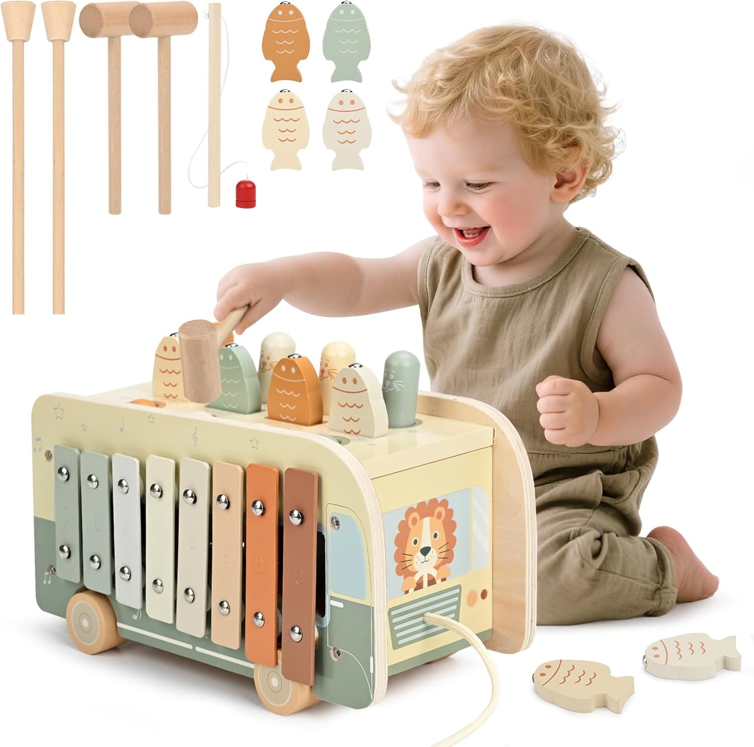 Vanplay Montessori Toys for 1 Year Old Boy Girls, Wooden Hammering Pounding Toy 7 in 1 with Xylophone & Magnetic Fishing Game for Kids, Gifts for 1 2 3 Year Old Boy Girl