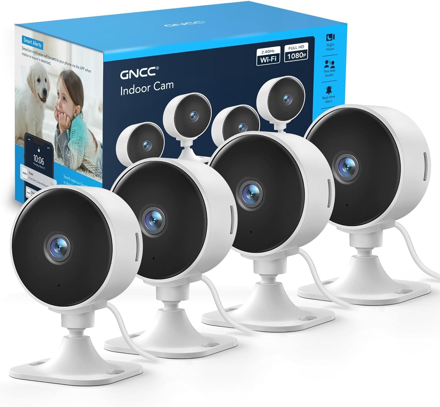 GNCC GC3 Kit 4 Telecamere WiFi Interno, Videocamera Sorveglianza 1080P per Casa/Bambini/Animali, Obiettivo Fisso, Notifiche APP, Cloud e Micro SD, Abbonamento Richiesto, Installazione Facile, 2.4GHz