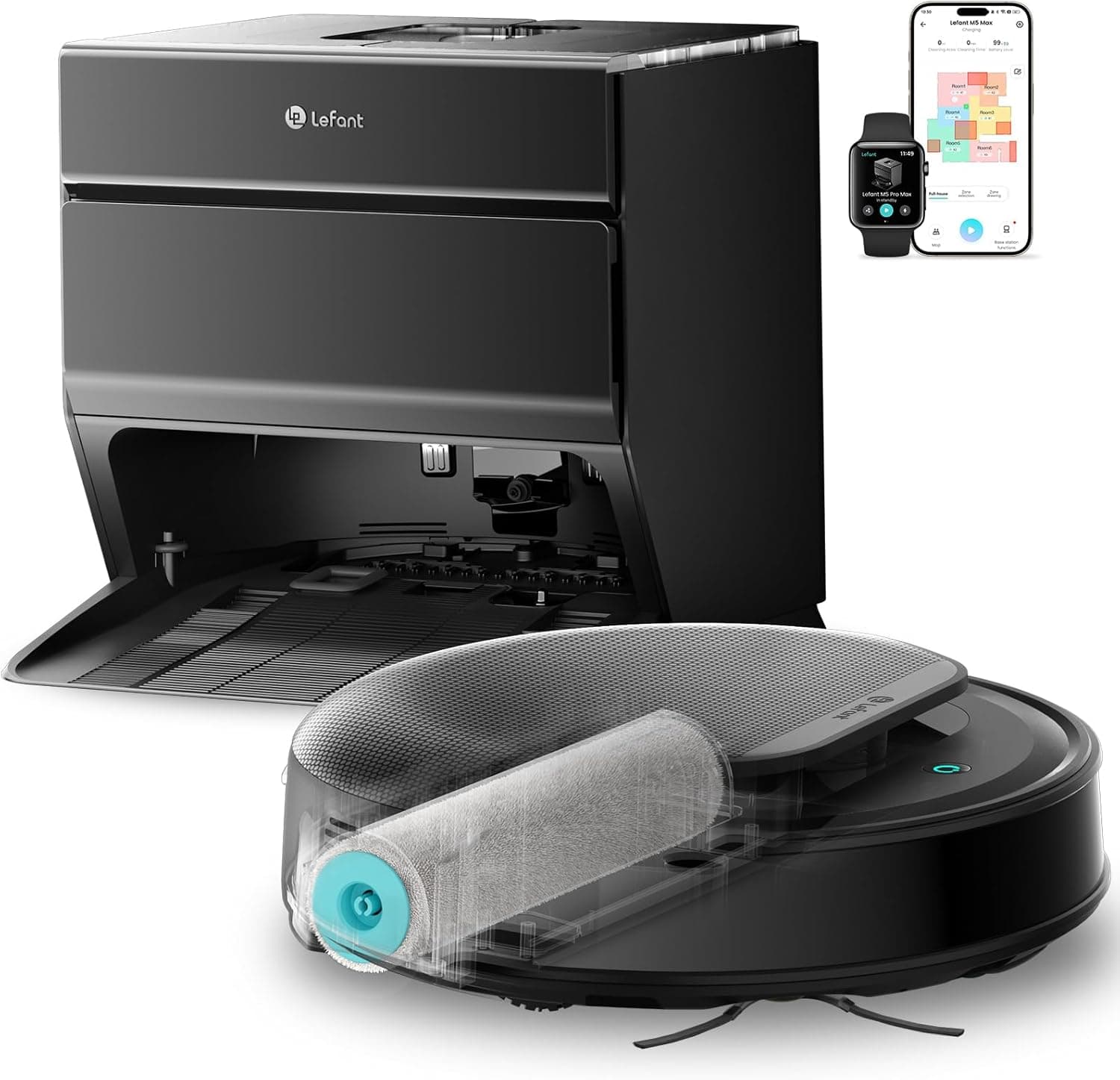 Lefant M5 MAX Robot Aspirapolvere Lavapavimenti con Mappatura, 23.000Pa, Spazzola 20 cm Roller, Zero-Groviglio, Rullo lavato a 75 °C con asciugatura ad aria fredda, dToF + PSD 2.0, Alexa/App, Nero