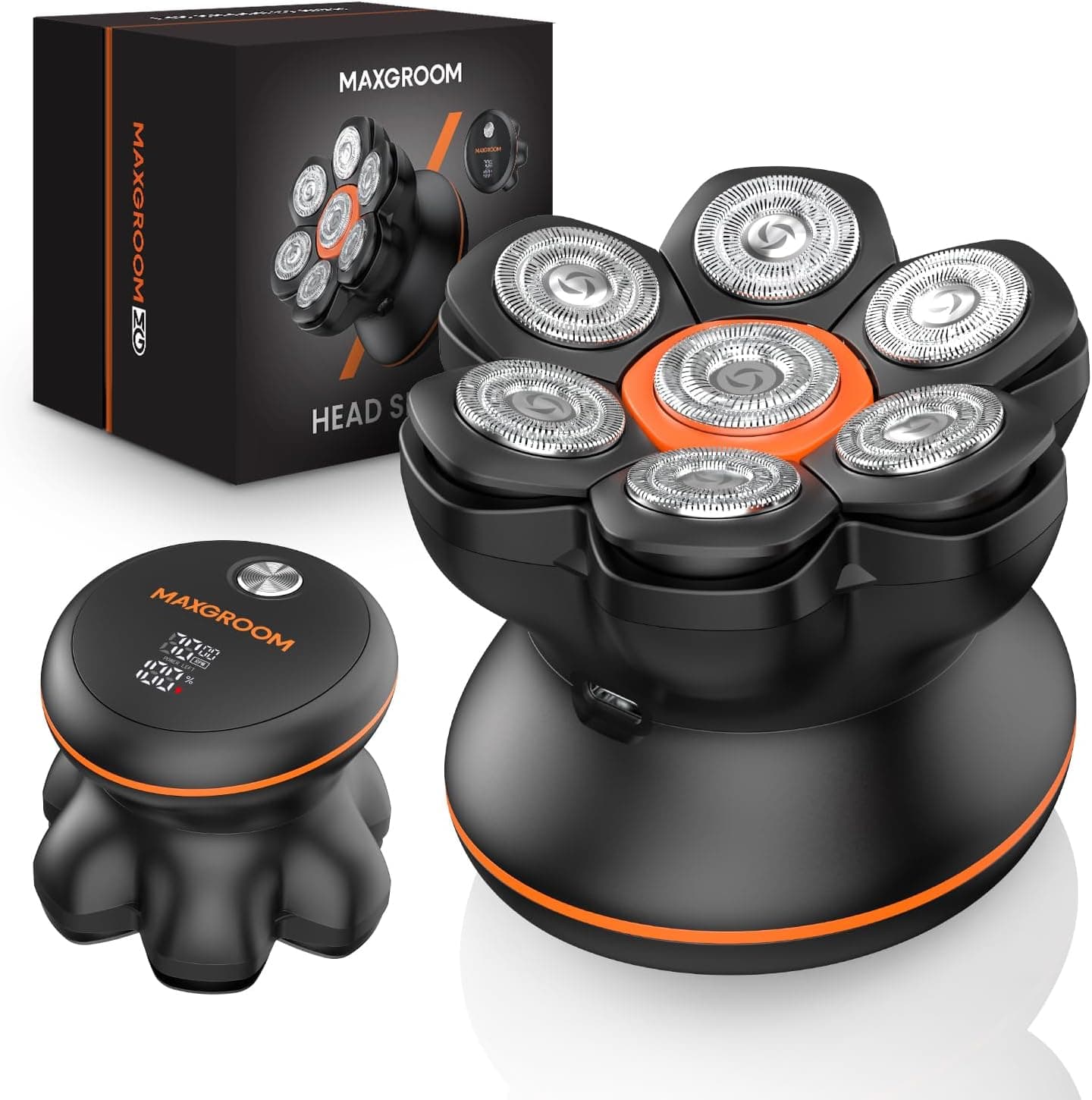MAXGROOM Rasoir Tête Chauve Homme - Rasoir Électrique Crâne à Têtes Flottantes 7D - Étanche IPX6 & Nettoyage Magnétique - 2 Vitesses - Idée Cadeau Homme (Noir)