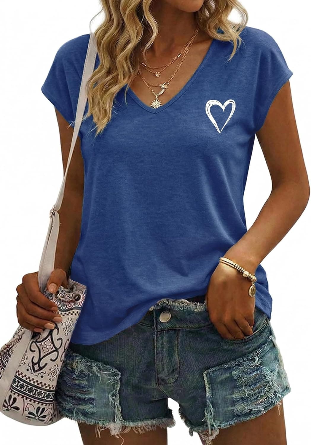 Gyabnw Camiseta Manga Corta Mujer Estampado de Corazones Camisetas Basicas Mujer Escote en V Estilo Casual Camiseta de Verano