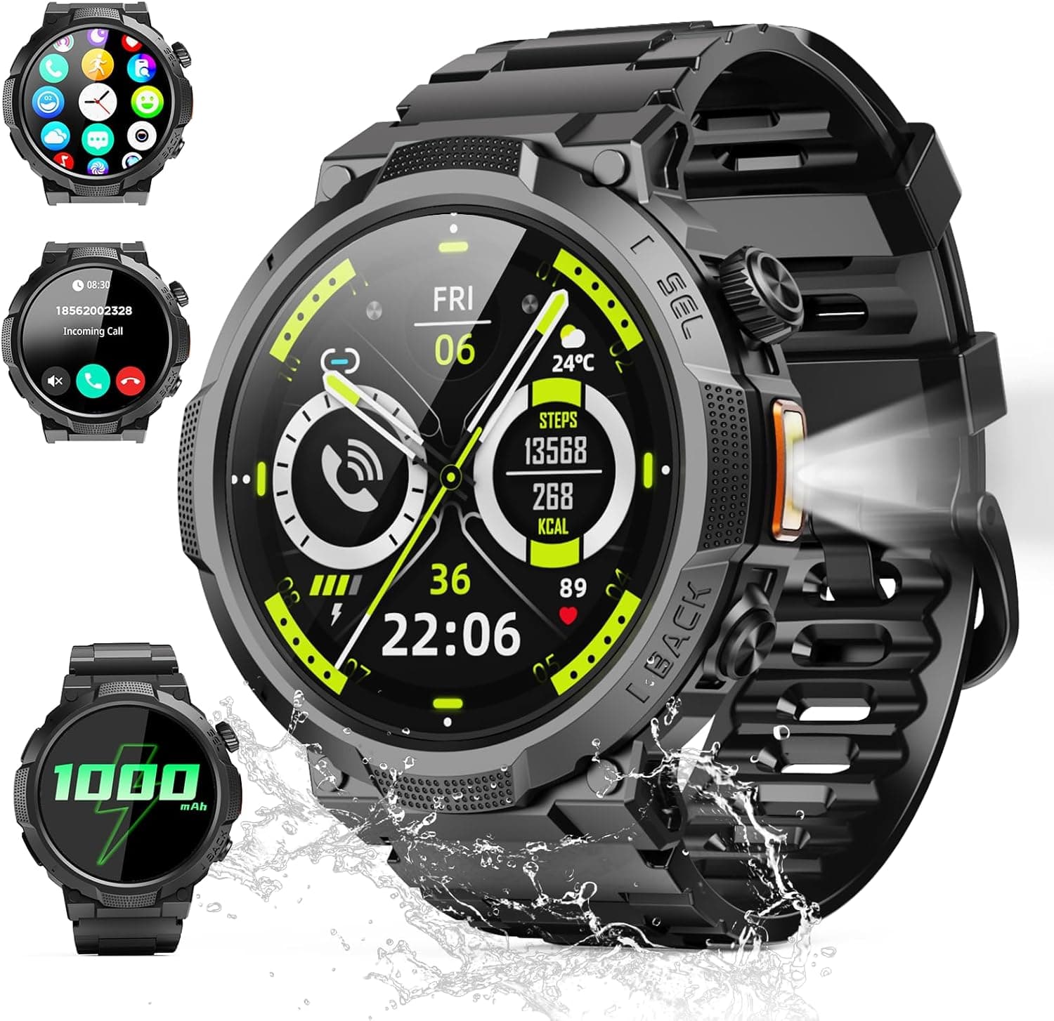 Soudorv Smart Watches for Men (Answer/Make Call), 1.53" HD Military Smartwatch, 1000 mAh Ultra-Long Battery Fitness Watch, Flashlight/110+Sports/Heart Rate/Sleep Monitor/IP68 Waterproof Android iOS