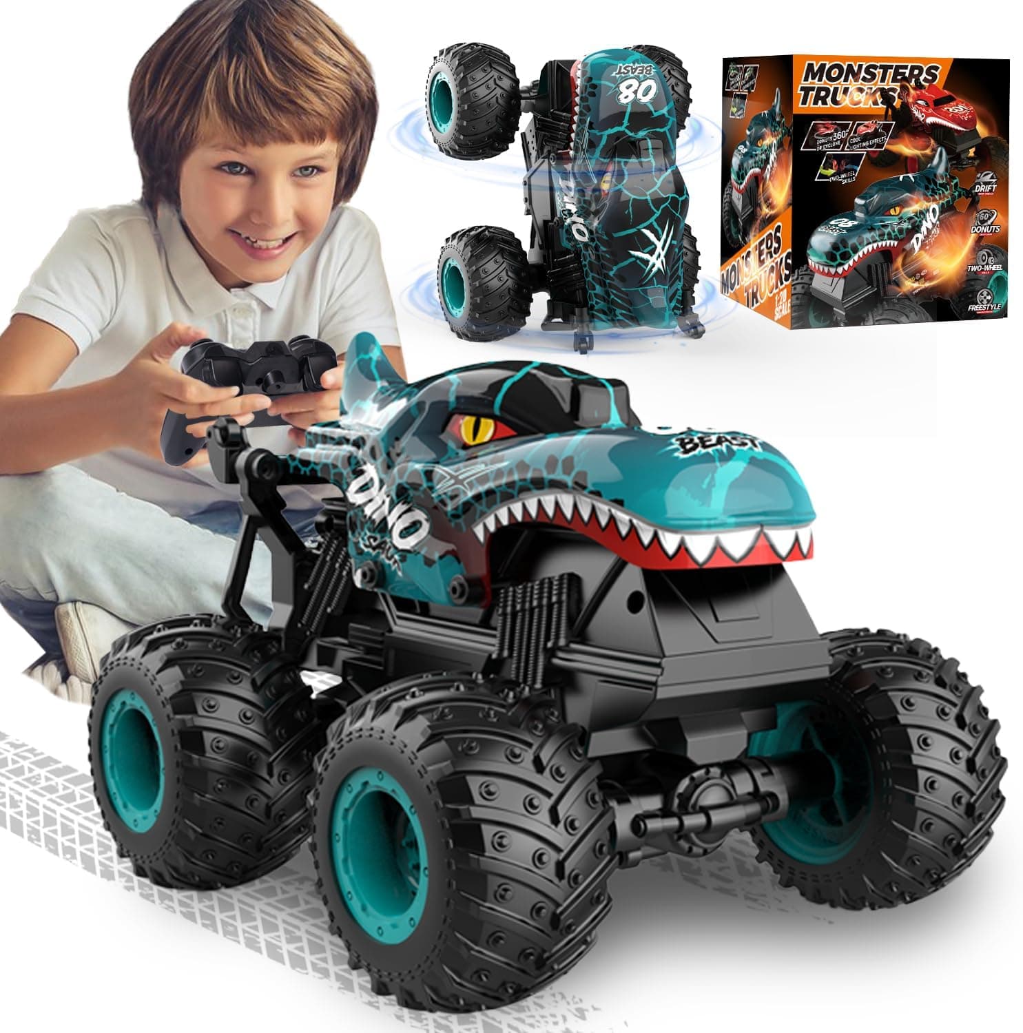 Ferngesteuertes Auto, 2,4GHz 20 km/h RC Monstertruck, 1:20 Ferngesteuerter Monster Truck mit Aufrecht Gehen, 360°Drehung, LED-Licht und Musi, Dinosaurier Spielzeug ab 3 4 5 6 8 10 Jahre Jungen Mädchen