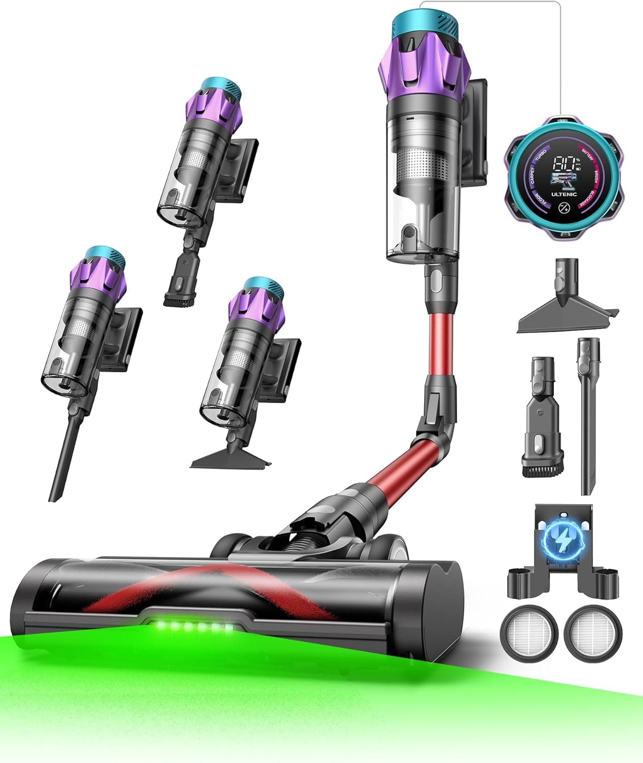 Ultenic Akku Staubsauger 55000Pa/600W/80Min, 1,6L Staubsauger Kabellos mit Multi-Zyklon-Filtration, Touchscreen, Anti-Tangle-Bürste, Wandladestation, Selbststehend，für Tierhaare/Teppiche/Hartböden,Rot