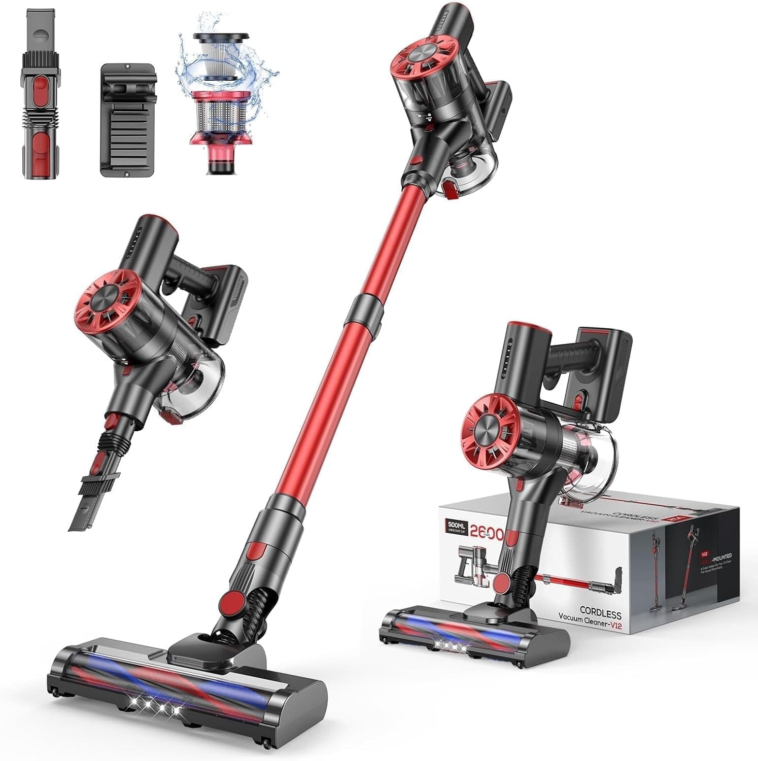 Comvtu Cordless Vacuum Cleaner for Home, 80,000PRM Powerful 4 in 1 Lightweight Stick Vacuum with 2 Adjustable Suctions, Max 40 Mins Runtime, 2600mAh Rechargeable Vacuum Cleaners (Hibiscus Red)