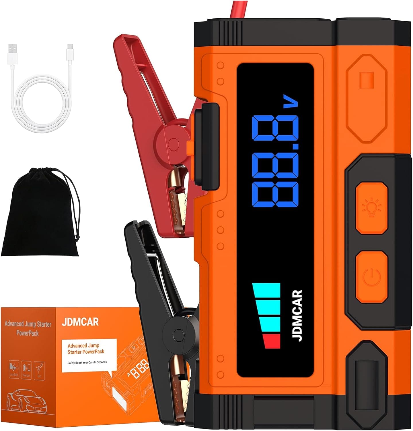 JDMCAR Arrancadores de Bateria de Coche - 𝟏𝟏𝟎𝟎𝟎𝐀 𝟏𝟐𝐕 Arrancador de Coches Motor 9.0L Gasolina o 8.5L Diesel, Jump Starter Portátil, Carga Rápida, Espera Larga Linterna LED