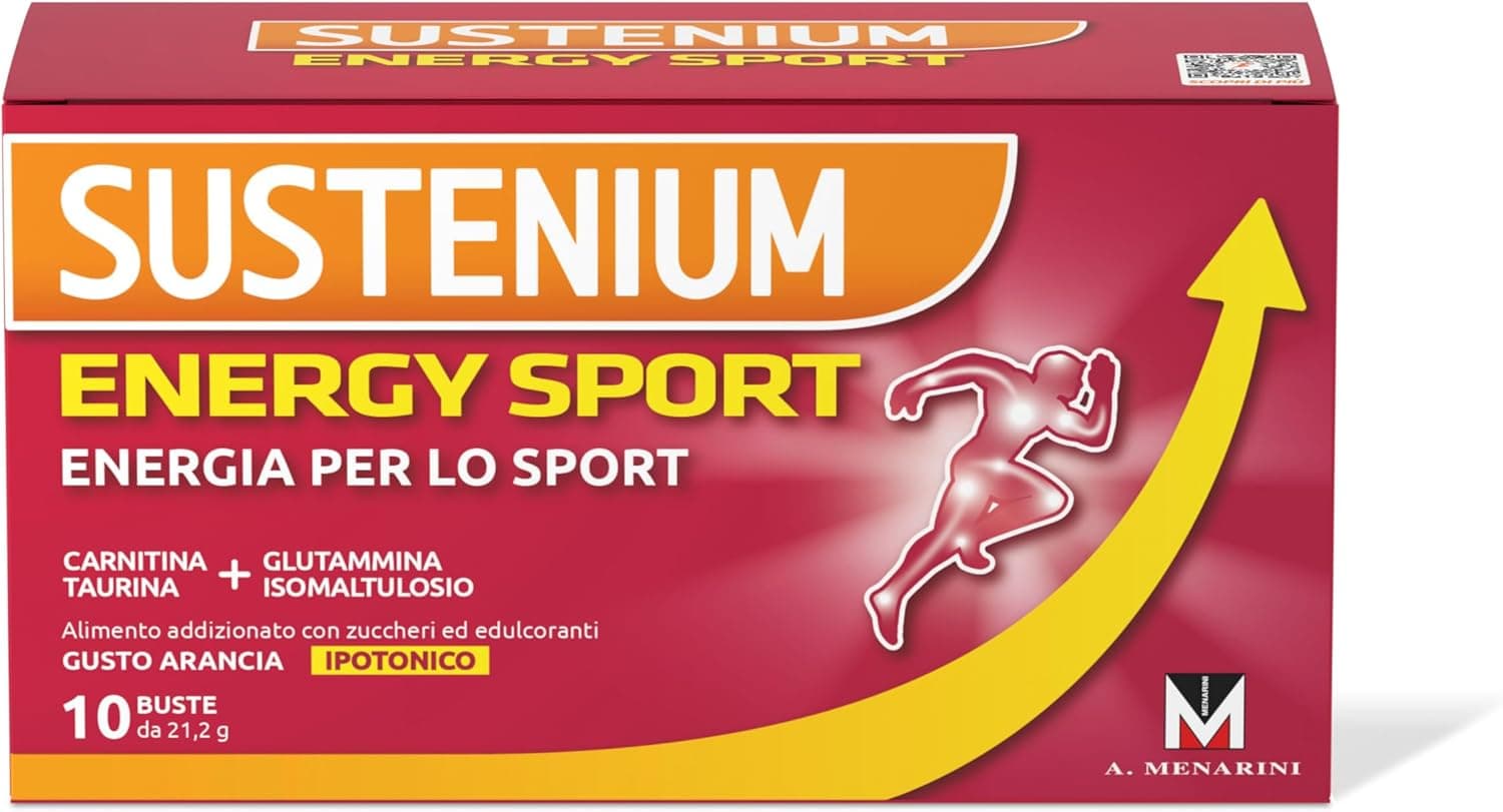 Sustenium Energy Sport, Energizzante per Sportivi con Taurina, Carnitina, Glutammina, Vitamina E, Vitamina C, Zinco e Sali Minerali. 10 Bustine al Gusto Arancia.