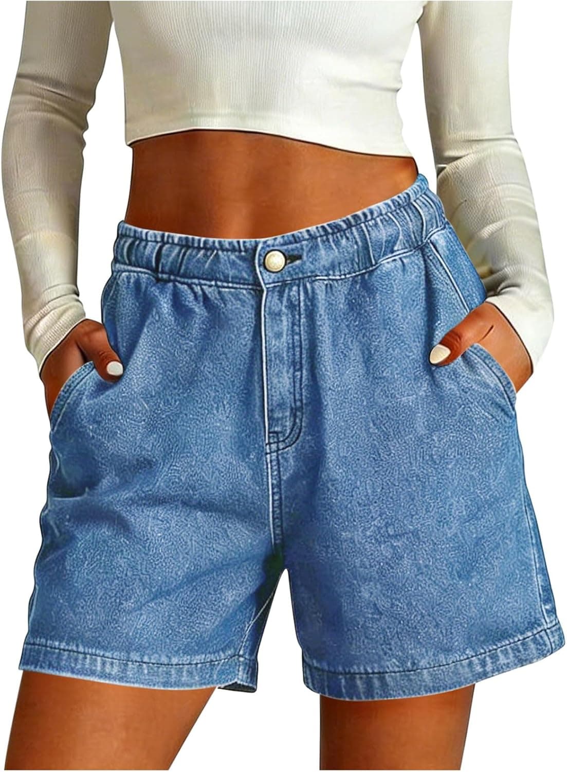 Short Femme Jeans Chic Mode Hot Pants Décontracté Élastique Taille Short Jean Femme D'été Amincissant Bermuda Baggy Taille Haute Vêtements Couleur Unie Pantalon Court avec Poches Tailles S à XXL