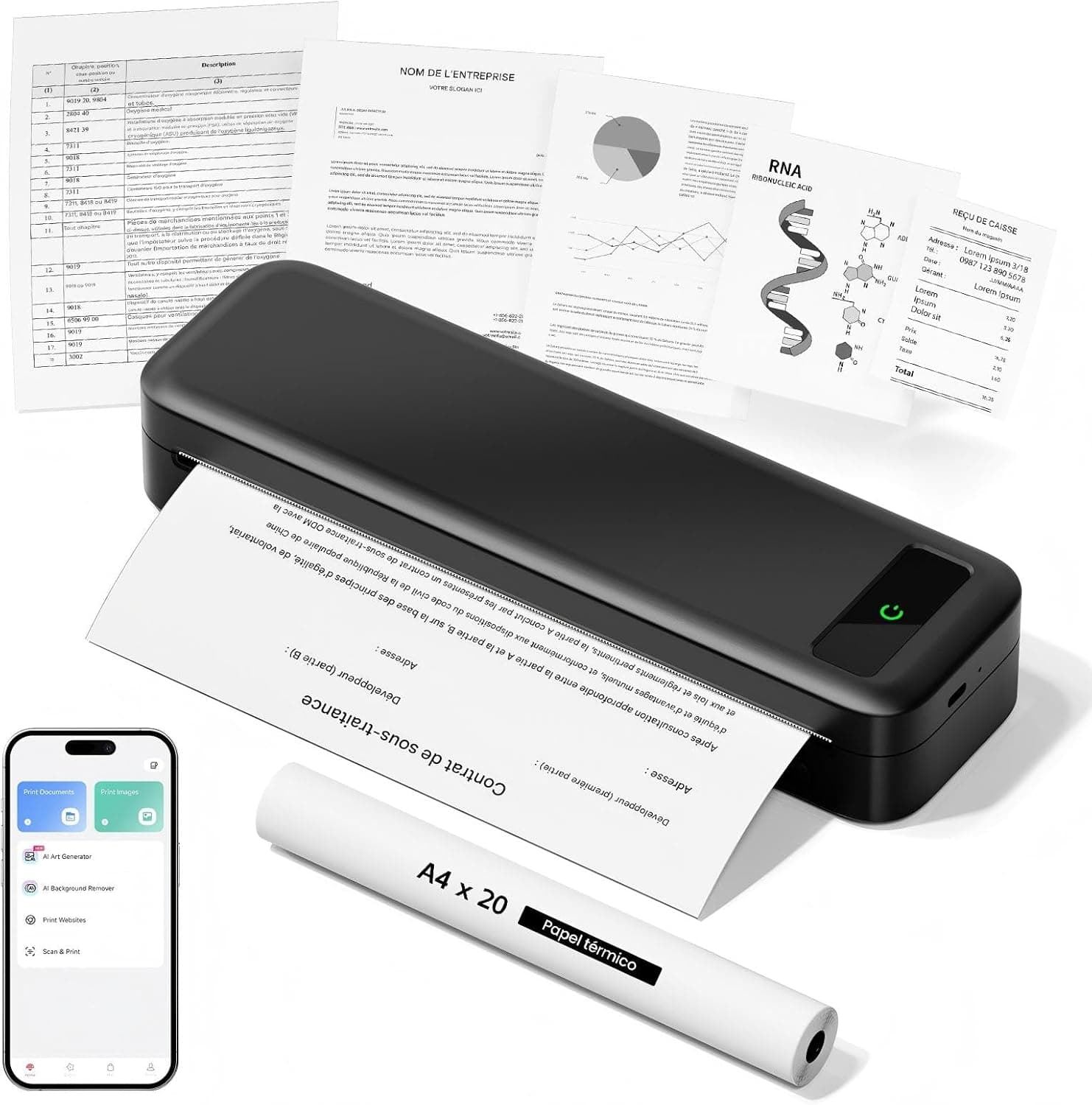 Imprimante Thermique Portable A4 sans Encre - Bluetooth sans Fil Compatible avec iOS et Android - Mini Imprimante Petite pour Papier Thermique 216/210/110/80/53mm, Mac, Windows, Reçus, 599g - Noir