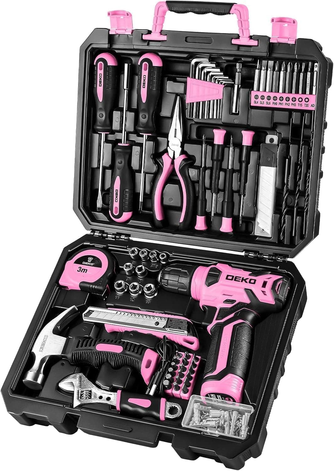 DEKO Caja Herramientas Completa con Destornillador Electrico/Taladro con bateria de 8V, Maletin de 126 Piezas, Caja profesional de herramientas Domésticas de Bricolaje para Oficinas y Jardín,Rosa