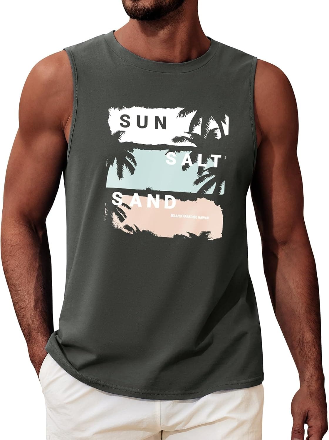 Voqeen Men's Tank Top Round Neck Vest Tops Casual Sleeveless T Shirt Printed Vacation Cotton Vest for Men Lightweight Beach Summer Top