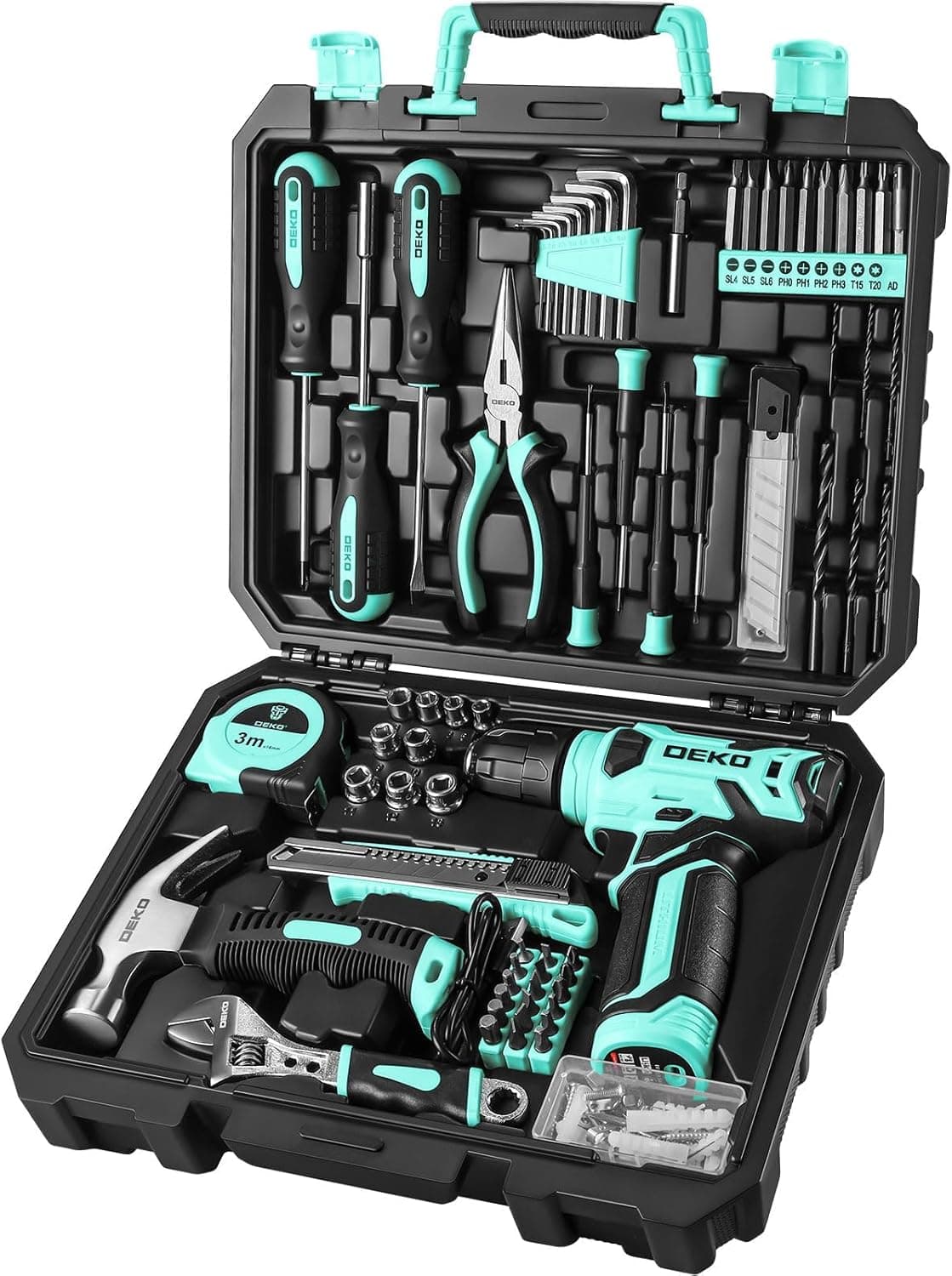 DEKO Caja Herramientas Completa con Destornillador Electrico/Taladro con bateria de 8V, Maletin de 126 Piezas, Caja profesional de herramientas Domésticas de Bricolaje para Oficinas y Jardín, Cyan