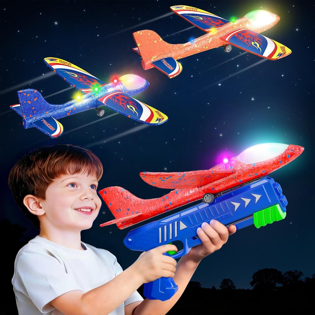 Winstico Flugzeug Spielzeug mit Katapult für Jungen ab 4 5 6 7 Jahre - Styroporflieger & Segelflugzeug, Outdoor Spielzeug für Kinder Garten, Geburtstagsgeschenk & Kinderspielzeug