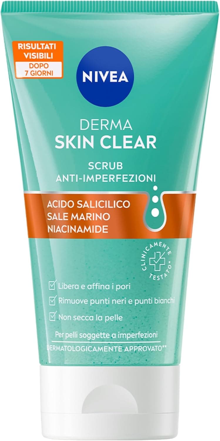 NIVEA Derma Skin Clear Scrub Viso Anti-Imperfezioni 150 ml, Scrub esfoliante per la cura della pelle grassa e mista con Acido Salicilico, Sale Marino e Niacinamide, Esfoliante viso e corpo purificante