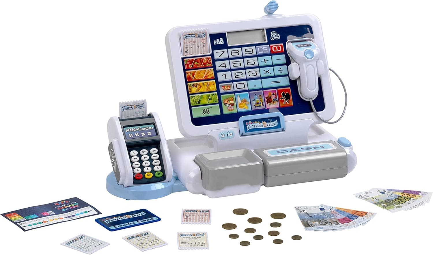 Theo Klein 9324 Registratore di Cassa con Tablet, con Suoni e Tablet Rimovibile, terminale POS con Funzione Meccanica, Scanner e Soldi Giocattolo I Giocattoli per Bambini dai 3 Anni in su