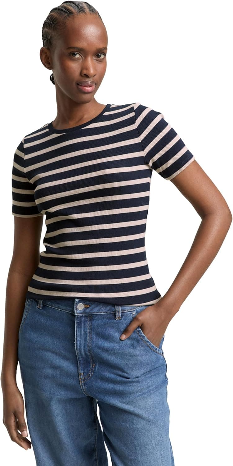 TOM TAILOR Denim Damen Slim Fit T-Shirt mit Streifenmuster