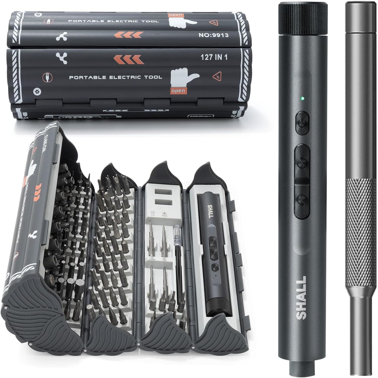 SHALL Jeu de mini-tournevis électriques 127 pièces, 120 embouts S2, avec tournevis électriques et manuels de type stylo pour ordinateur portable, iPhone, lunettes et appareils électroniques