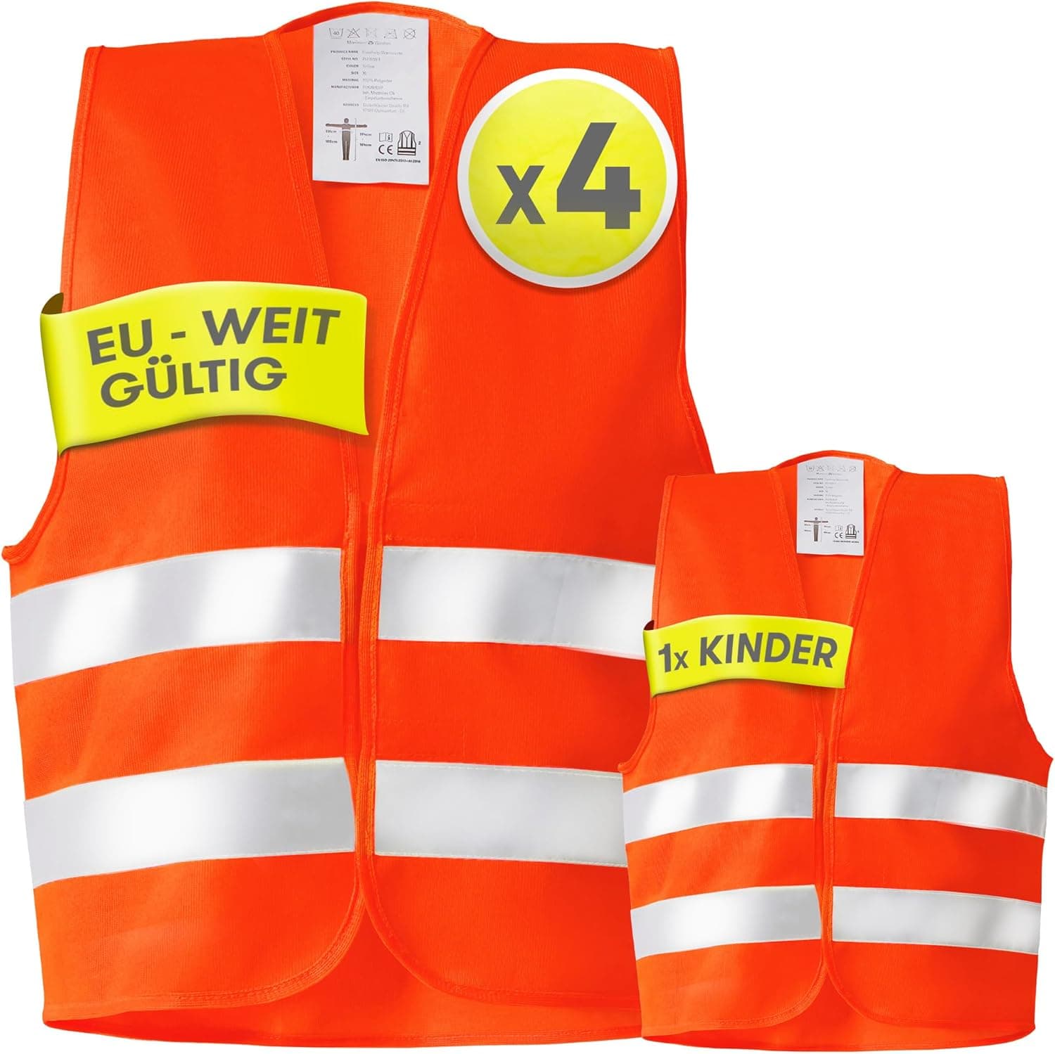 PURAHELP Warnwesten Auto 5er 4+1 Set Europaweit gültig nach EN ISO 20471 - Reflektierende Warnweste Auto inkl. Kinderweste - Sicherheitsweste Auto Warnweste Orange - Warnschutzweste Sicherheitswesten