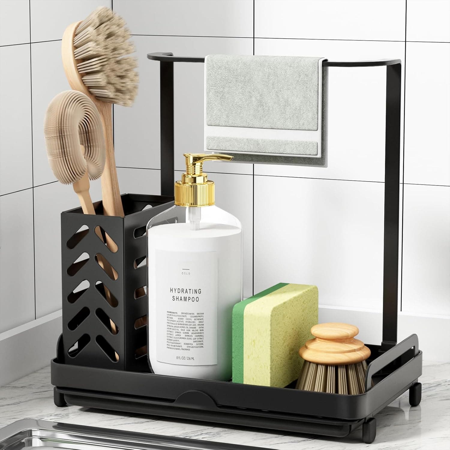 Kitsure Küchen Organizer - Spülbecken Organizer aus Edelstahl, Multifunktionaler Organizer Küchen mit abnehmbarer Auffangwanne, Schwammhalter Küche, Medium, Schwarz