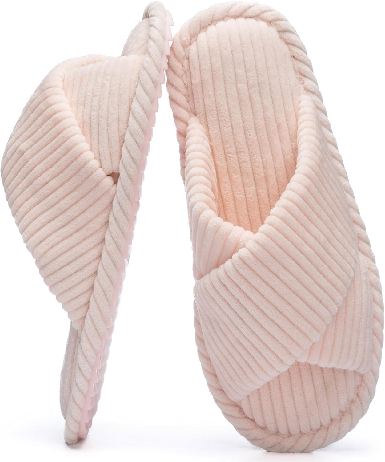 GOEWY Zapatillas Mujeres con Memory Foam, Pantuflas de Pana para Hogar, Punta Abierta y Lazo Cruzado, Suela Antideslizante. Regalo Cómodo y Moderno para Ella.