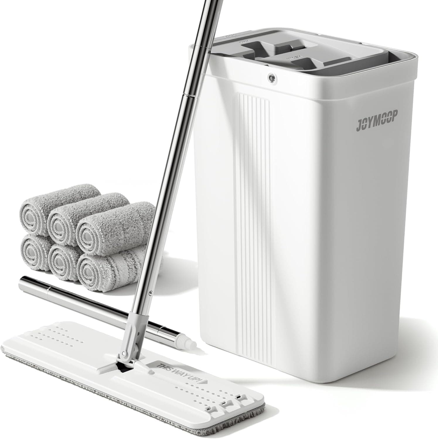 JOYMOOP - Fregona y Cubo con escurridor para el hogar, Cubo Plano Blanco para Limpieza del Suelo, Escoba Manos Libres de Uso húmedo y seco para Paredes, 152,4 cm con 6 Almohadillas de Microfibra