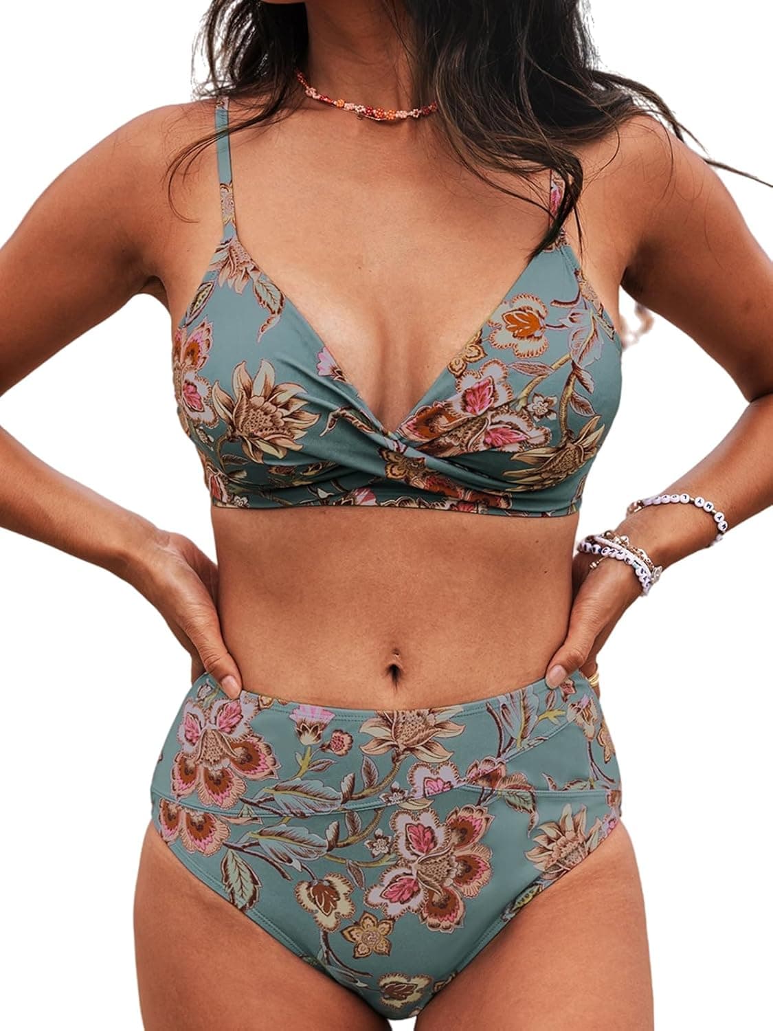 CUPSHE Women's Twist Front High Waisted Bikini Set V Neck Padded Two Pieces Bathing Suits Swimsuits