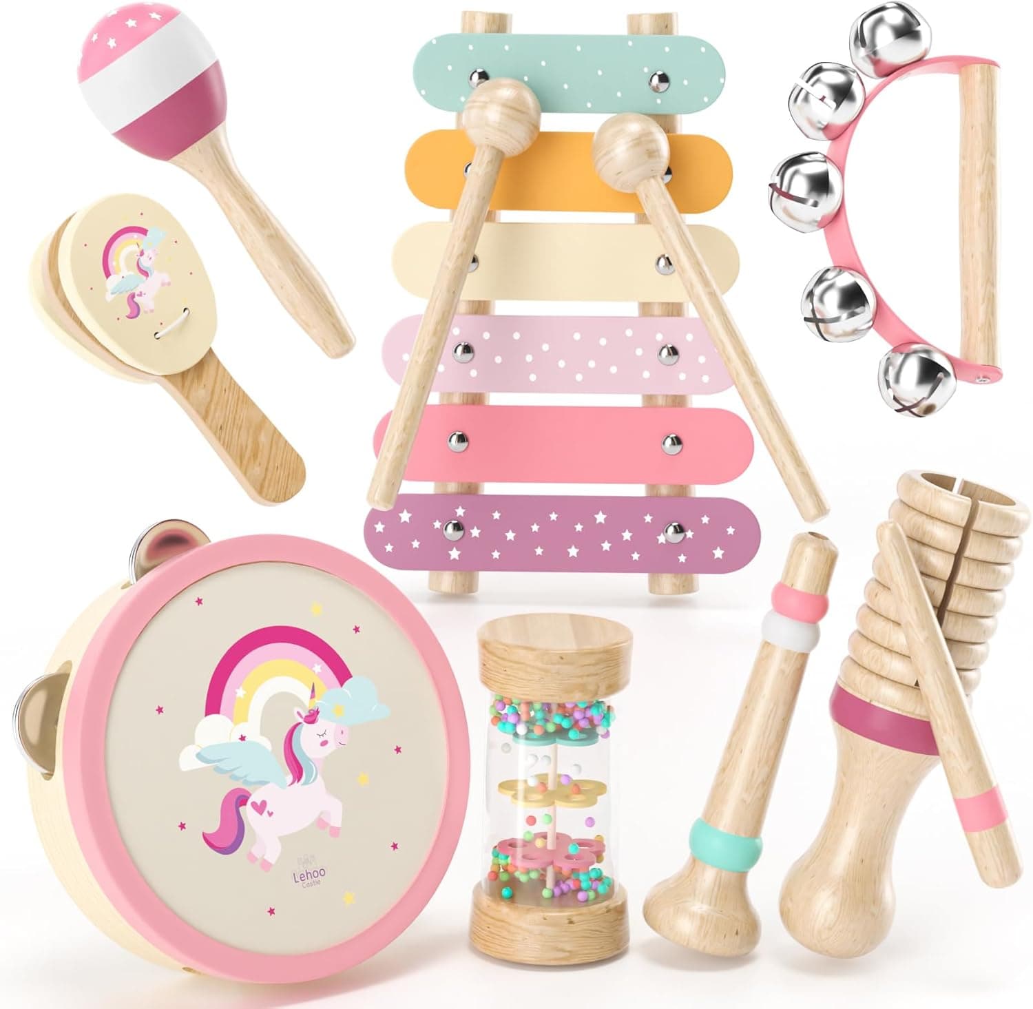 Lehoo Castle Kids Toddler Wooden Musical Instruments, Montessori Musical Toys for 1-3 Year Old Girls, Unicorn Baby Maracas Xylophone Tambourine Percussion Instruments Set 18M+