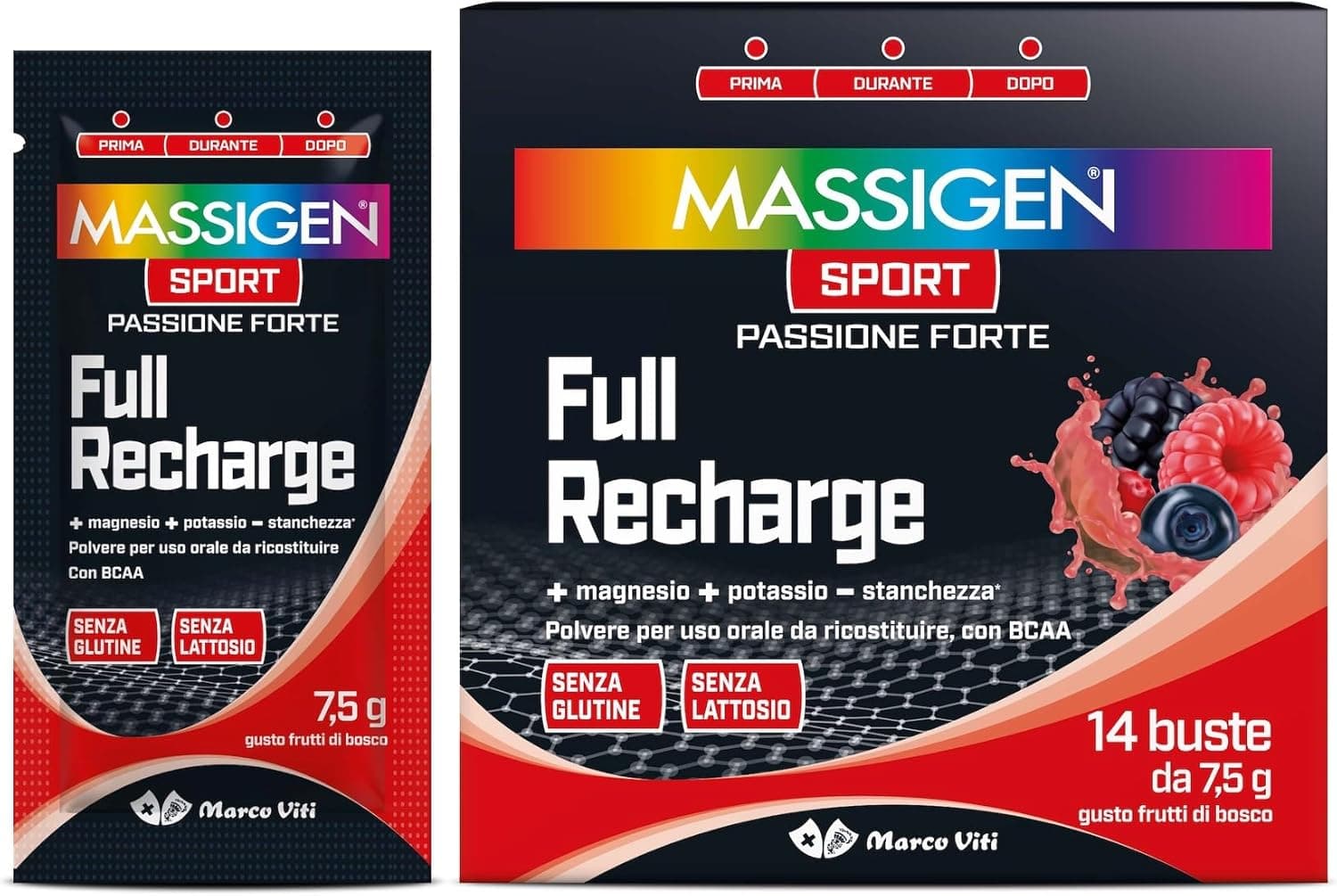 Mass Sport Full Recharge, 14 Buste da 7,5 g, Integratore per Sportivi con Creatina, Magnesio, Vitamina C e B, Supporto per Energia e Recupero Muscolare, Senza Glutine e Lattosio