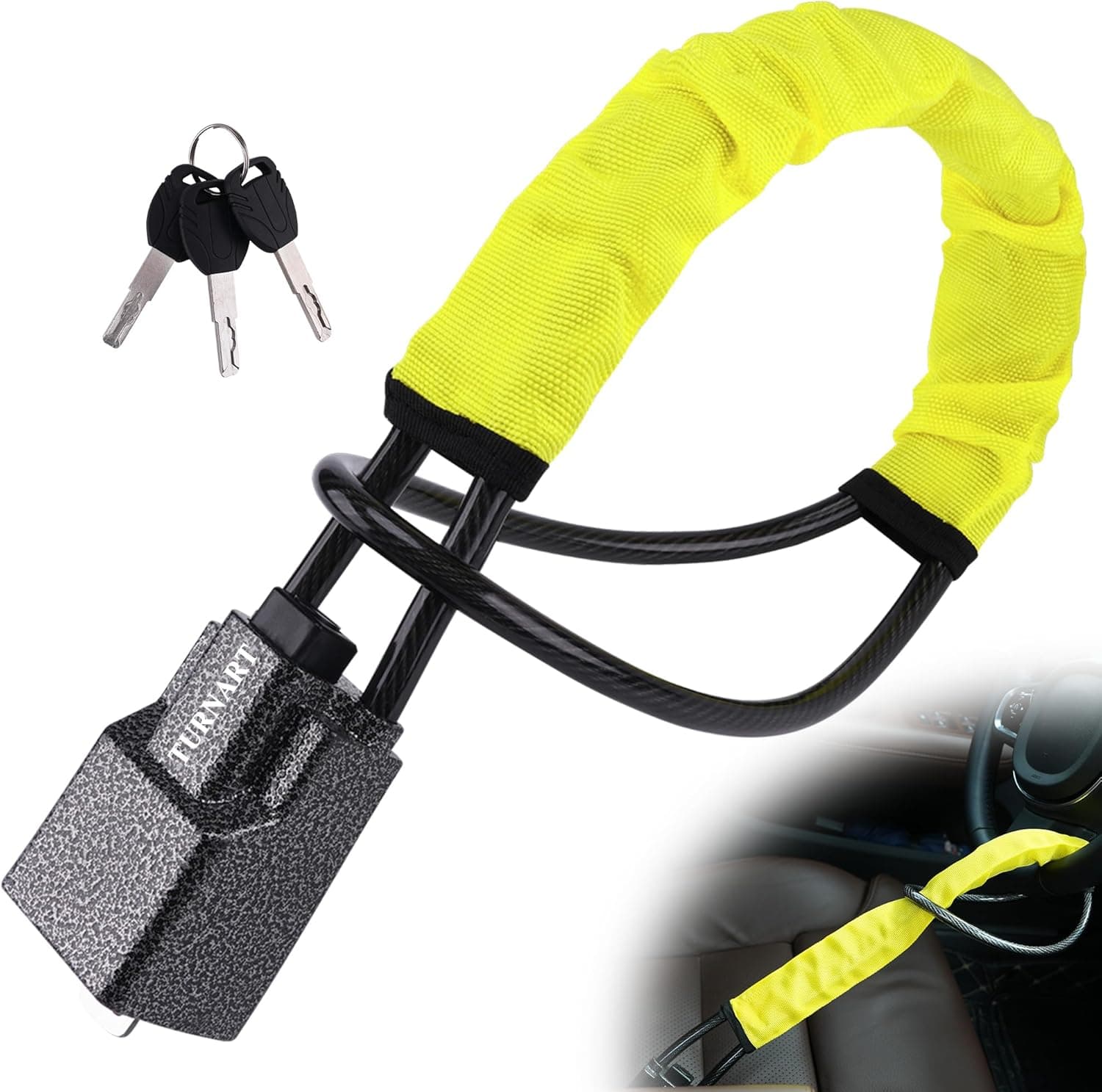 Turnart Steering Wheel Lock Seat Belt Lock Universal Fit Most Vehicles Sturdy Lock for Car Truck SUV Van Security with 3 Keys (Yellow)