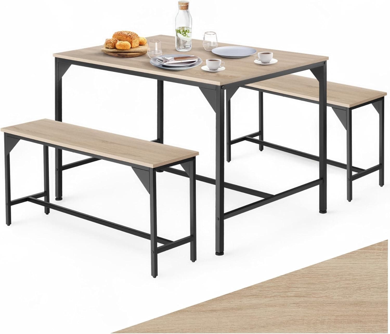 tectake Essgruppe, Esstisch 3-teilig, Sitzgruppe, Esszimmer Set mit Tisch und 2 Bänken, 110 x 70 x 75 cm, Industrial Design, ideal für Küche, Wohnzimmer, Esszimmer - Industrial Holz hell, Eiche Sonoma