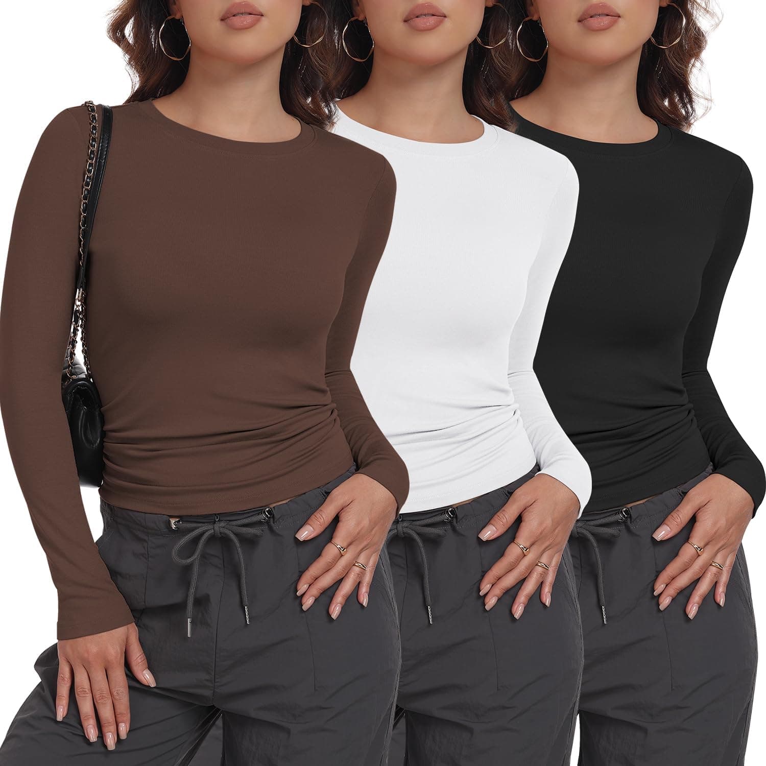 3/5 Pack Womens Long Sleeve T Shirts Crew Neck Basic Skim Fitted Y2K Tops Crop Top Casual Going Out Fashion Stretchy Clothes