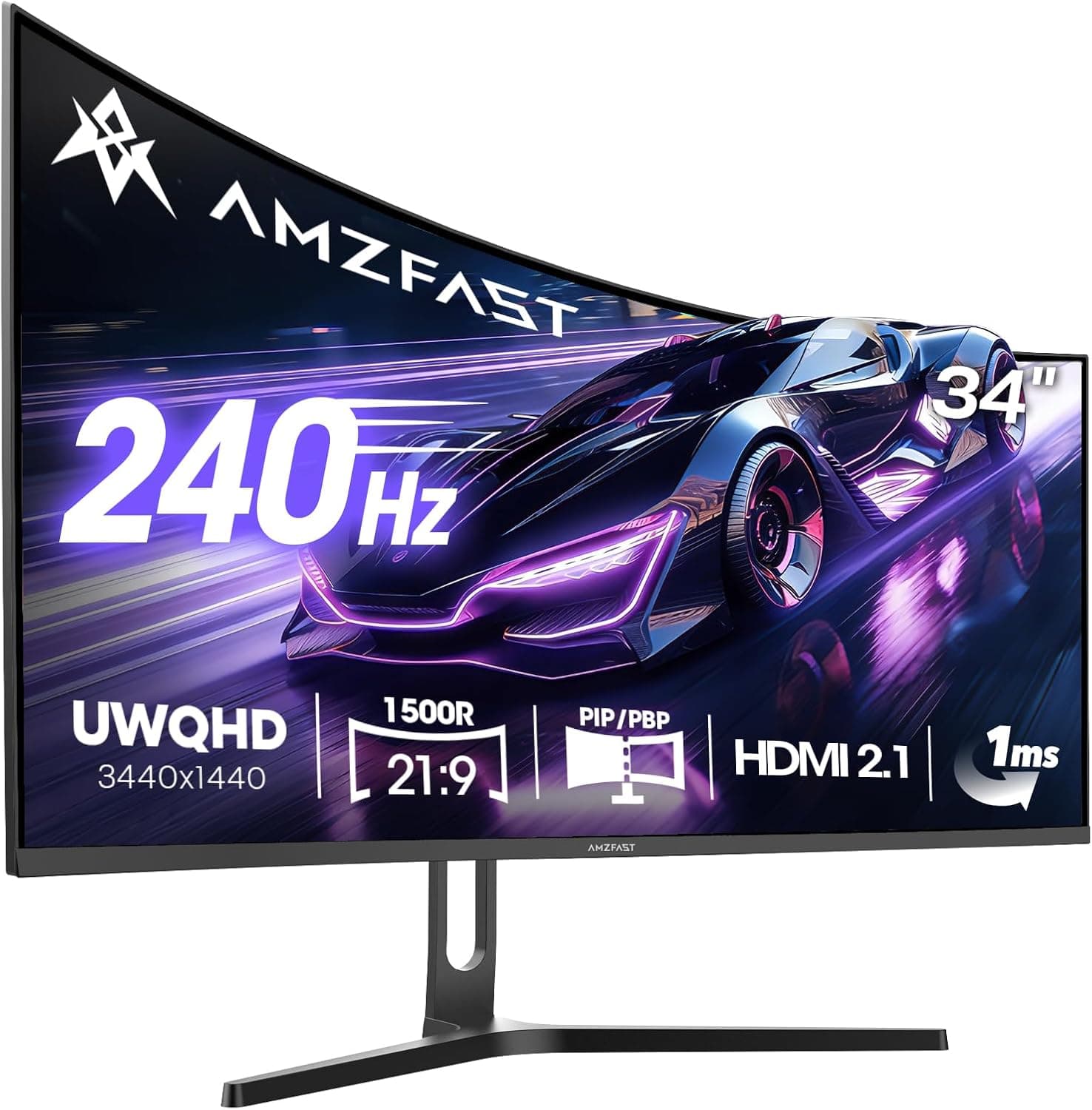 Amzfast 34 Zoll Curved Gaming Monitor, 3440x1440 UWQHD, 240Hz, 1ms MPRT, 1500R VA Curved, 21:9, 3000:1 Kontrast, 130% sRGB, HDR, Adaptive Sync, Pip/PBP, HDMI 2.1& DP 1.4, VESA 75x75mm, AMZG34C5QPro