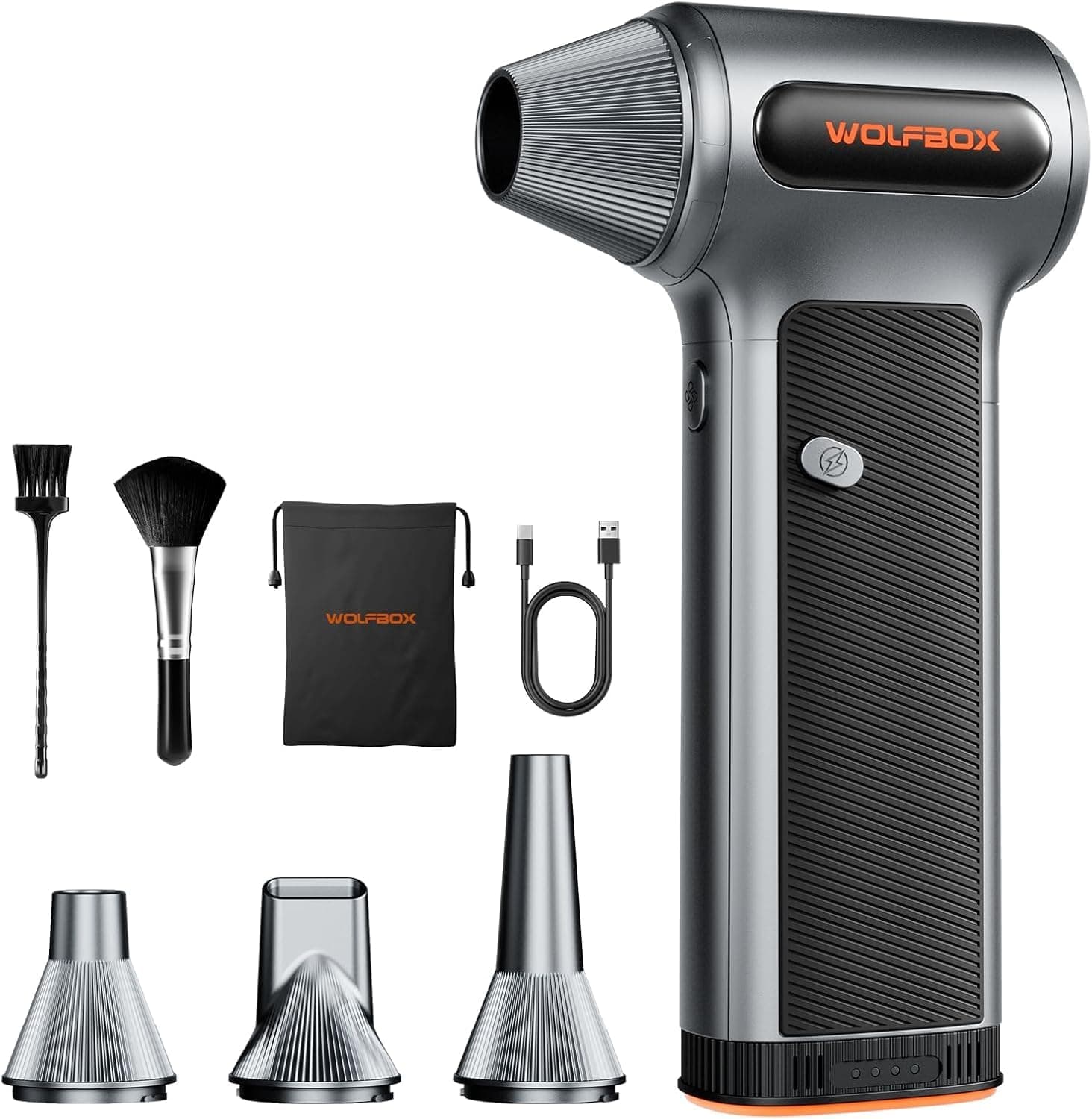 WOLFBOX MF200 Elektrisches Staubgebläse mit Abnehmbarem Akku, 87.5 m/s Air Duster Kabellos, 3-Stufen Akku Gebläse mit 4 Düsen, Druckluftspray Alternative für PC Reinigung, Tastatur, Auto, Outdoor
