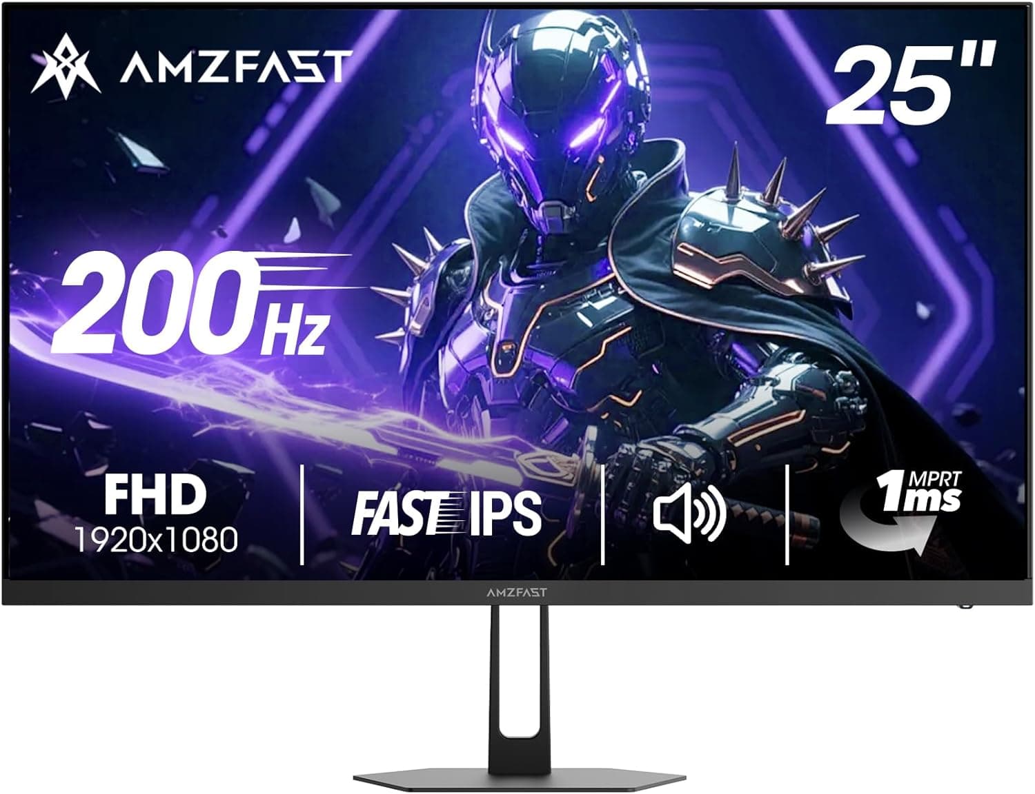 Amzfast 24.5" Gaming Monitor, 1920x1080 FHD, 200Hz, 1ms MPRT, Fast IPS, Adaptive Sync, HDR, TÜV Low Blue Light, 4:3 Scaling, Built-in Speakers, 5-Way Joystick, VESA 75x75mm, HDMI2.0&DP1.4, AMZG25X1