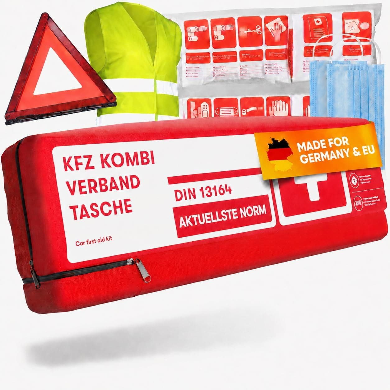 PURAHELP® KFZ Kombitasche inkl. Beatmungstuch [DIN 13164] - Verbandskasten Auto mit Warndreieck & Warnweste - PKW Verbandskasten StVO Konform für 2026 - Erste Hilfe Set Auto - First Aid Kit Car
