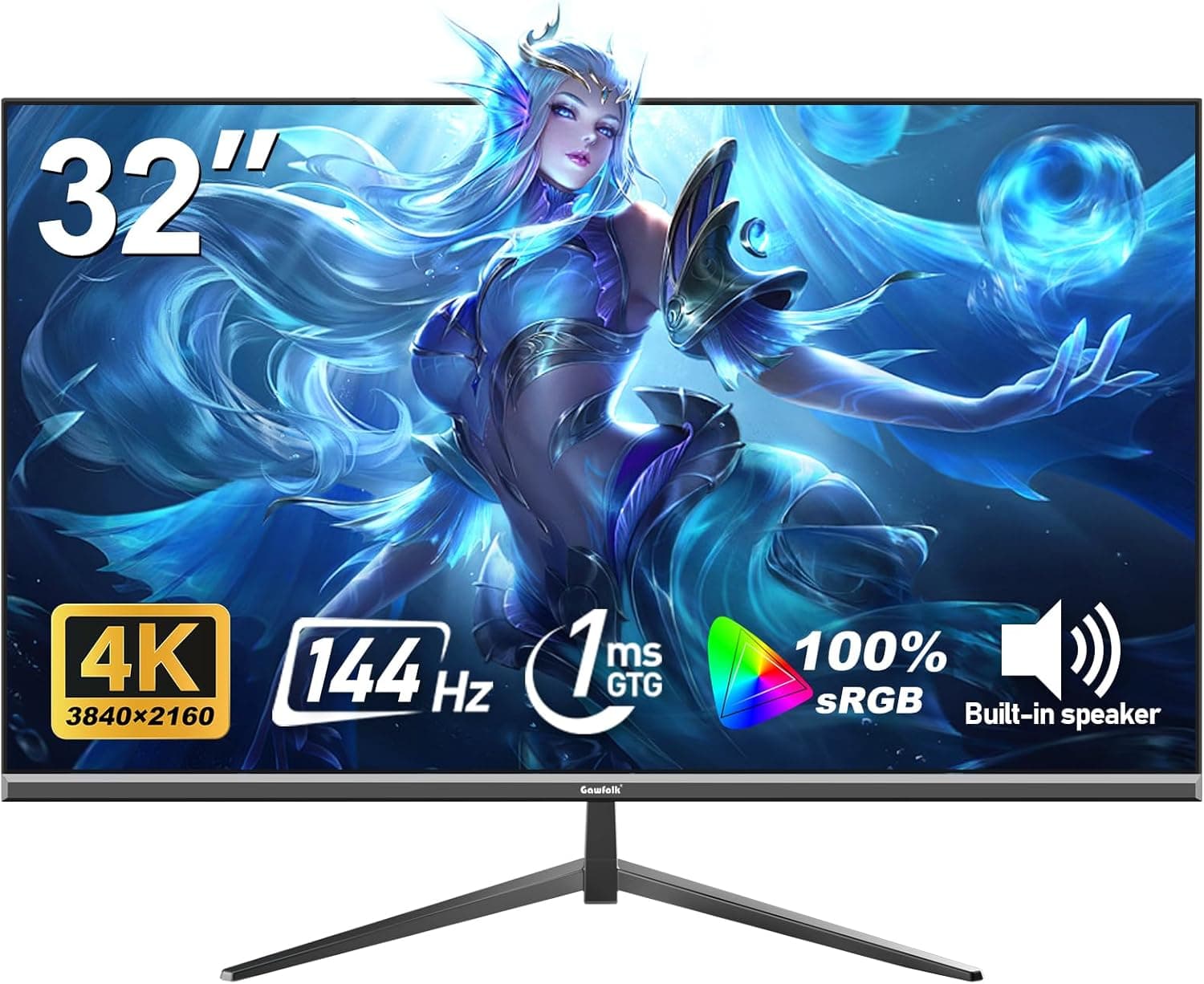 Gawfolk 32-inch 4K Ultra HD Computer Monitor, 144Hz Gaming PC Screen, 1ms, Adaptive Sync, 100% sRGB, 178° Wide Viewing Angle, HDMI 2.1, DisplayPort 1.4, Wall-mounted compatible 100 * 100MM-Black